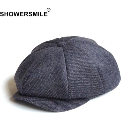SHOWERSMILE Wool Newsboy Cap Gatsby Gray Men Striped Flat Caps Ivy Women Twill Vintage Octagonal Hats Male Winter Cabbie Caps