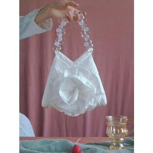 French Shoulder Bag Fashion Flowers Totes Transparent Beaded Handle Womens Bags Dinner Wedding Handbag White Vintage Purse