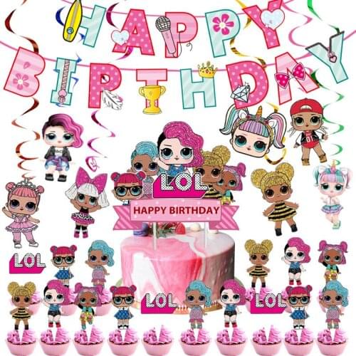 Surprise Doll Theme Girl Birthday Party Doll Decoration Supplies Pull Flag Cake Topper Hanging Spin Set Childrens Birthday Gift
