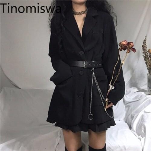 Tinomiswa 2021 Spring Womens Black Blazer Coat Fashion Loose Harajuku Jacket Women Belt Chain Long Sleeve Vintage Suit Tops