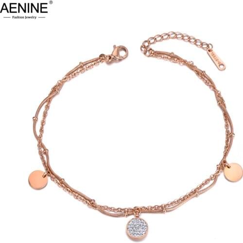 AENINE Bohemia Double Layers Clay Crystal Tag Charm Bracelets For Women Stainless Steel Link Chain Bracelet Jewelry AB19057