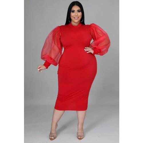 2021 Summer Womens Elegant Fashion Personality Temperament Sexy Street Trend Net Gauze Perspective Lantern Sleeve Dress Bag Hip