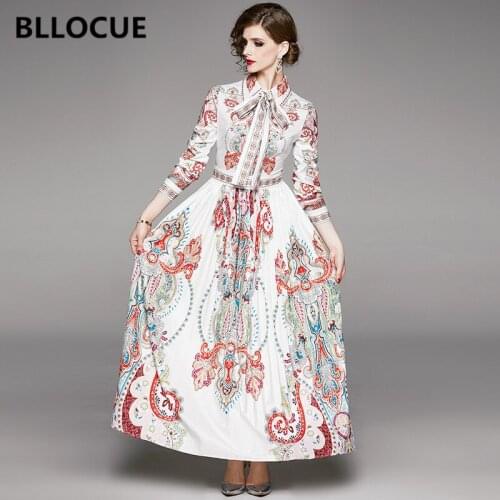 BLLOCUE Runway Designer 2020 Spring Holiday Maxi Dress Women Long Sleeve Bowknot Vintage Floral Print Elegant Pleated Long Dress