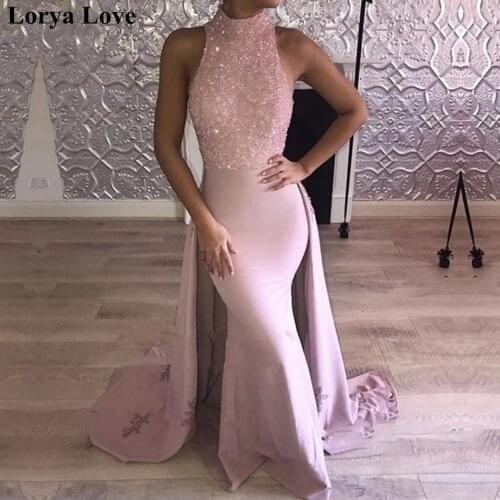 Pink Mermaid Long Evening Dresses 2020 Beading Sequins Sequins Prom Dress Satin Elegant Robe De Soiree Women Wedding Party Dress