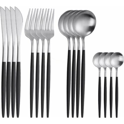 16pcs Set Stainless Steel Cutlery Set 18/10 Black Silver Tableware Set Matte Dinnerware Kitchen Knife Spoon Fork Dinner Complete