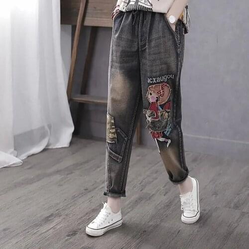 2021Spring Autumn New Female Denim Harem Pants Retro Literary Women Embroidery Cowboy Pants Patch Cartoon Girls Nine-Point Jeans