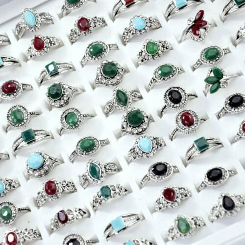 50Pcs New Vintage Rhinestone Ancient Silver Color Women Ring lot female anel Jewelry Lots Top Quality LR4057