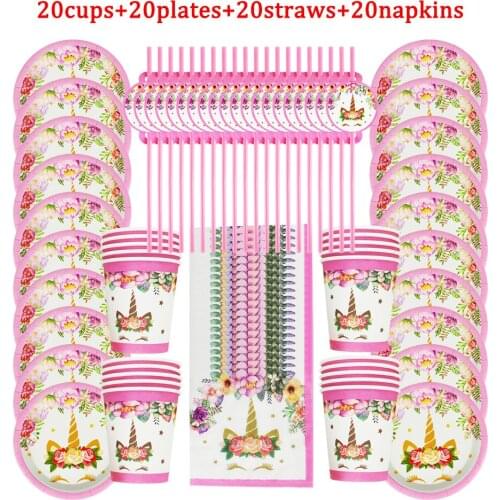 80Pcs/Lot Flowers Unicorn Theme Kids Favor Birthday Party Paper Disposable Cup+Plate+Napkin+Straw Decoration Party Supplies