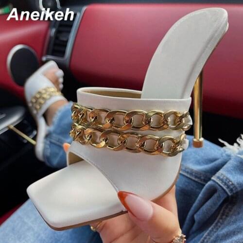 Aneikeh Sexy Ladies Shoes 2021 Patent Leather Summer Metal Decoratio Head Peep Toe Sweet Thin High Heel Fashion Slides Party PVC