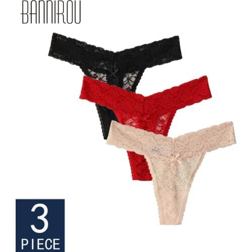 BANNIROU New Woman Underwear Sexy Lace Underwear Woman Hot Sale Low Waist Soft Female Panties New Plus Size Thongs Lace 3 Pieces