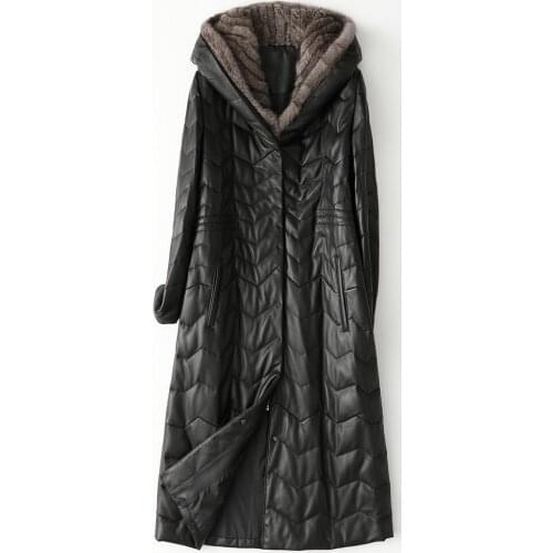 Free Shipping New Genuine Lamb Leather Jacket X-long Womens Down Coat with Mink hood Sheepskin coat Wholesale Retail OEM