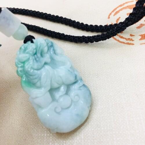 Pure natural Emerald jade Hand-carved two-color Zodiac Tiger Pendant with simple necklace Men and women sweater chain