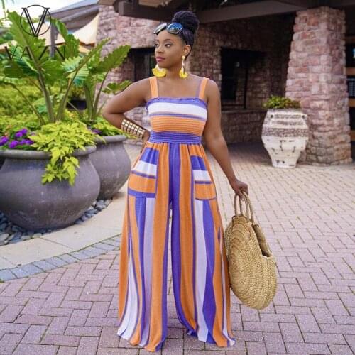 VAZN 2021 Elegant Striped High-end Vintage Chiffon Sexy Young Spaghetti Strap Women High Waist Loose Wide Leg Jumpsuits