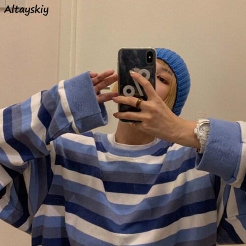 Striped T-shirts Women Spring Autumn Panelled Loose Simple Casual Japanese Style Ins BF Unisex Harajuku Female Top Trendy Cozy