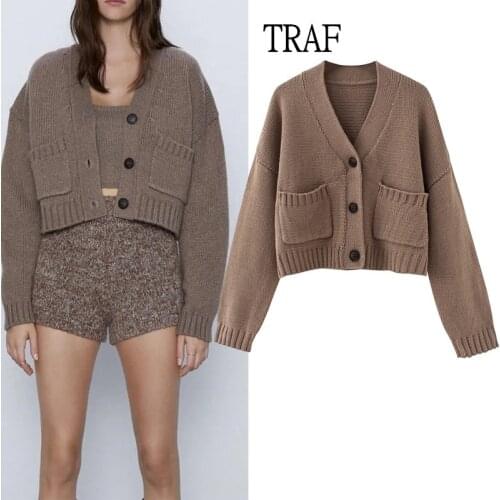 TRAF Za Women Cardigan 2021 Autumn Winter Short Solid Color Sweater Women Knit Cardigan Sweaters Women Jacket Top Warm Sweater