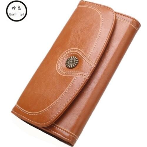 Female long wallet bags Leisure Business vintage Oil Wax PU leather wallets pocket many card slot purse woman bag Snap button