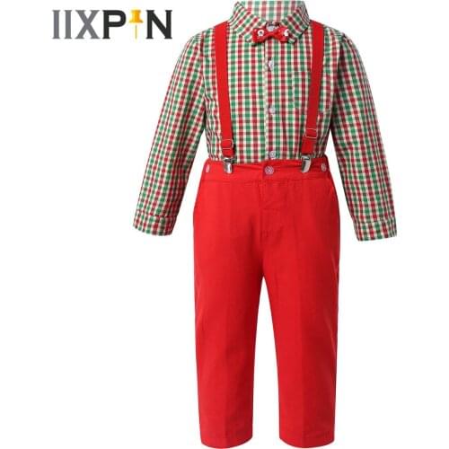 4Pcs Kids Boys Cosplay Christmas Party Suit Lapel Neck Long Sleeve Plaid Shirt with Bowtie Suspenders Pants Boy Gentleman Sets