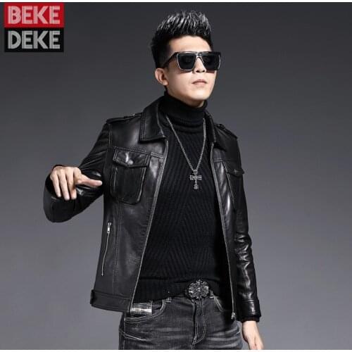 Luxury Business Casual Mens Sheepskin Genuine Leather Slim Fit Motorcycle Bikers Natural Leather Jacket Male Bikers Short Coat