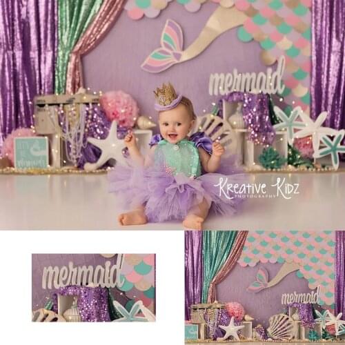 Littlte Mermaid Cake Smash Photography Backdrop Kids Baby Birthday Party Artistic Background for Children Backdrops Photostudio
