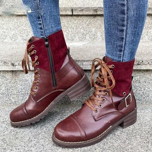 Retro Motorcycle Boots Women Winter Fashion Warm Boots Round Toe Square Heel Lace-up Solid Color Boots Gladiators Style Shoes 43
