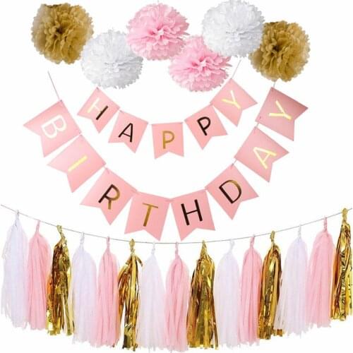 Pink Happy Birthday Banner White Tissue Paper Tassel Garland Pompom Birthday Decorations Girl Boy Kids Party Favors