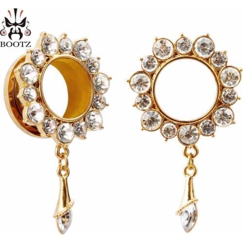 KUBOOZ Ear Piercings Crystal Dangle Tunnel Plug Stainless Steel Gold Body Jewelry Expander Screw Fashion Stud Earrings 2PCS/Lot