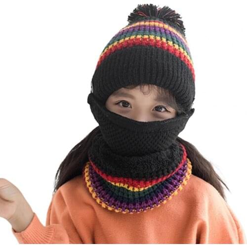1 Set Hat Circle Scarf Face Cover Knitted 3 In 1 Boys Girls Plush Ball Color Block Double-layer Thickening Warm Cap Set foulard