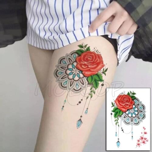 Tattoo Sticker Big Rose Flower Necklace Diamond Element Design Temporary Fake Tatoo for Women Men Body Art