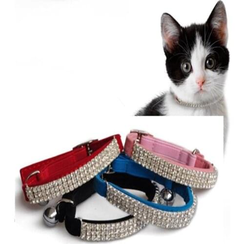 Usd2.5/pc Diamante Rhinestone Bling Pets Cat Collars Soft Suede Leather Bell Dog Neck Strap 4 color Crystal 3 Rows for puppy