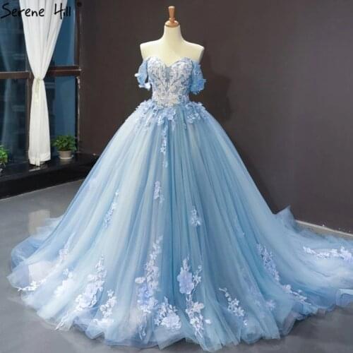 Serene Hill Clear Water Blue Evening Gowns 2020 Sleeveless Handmade Flowers Diamonds Formal Dress HM66706