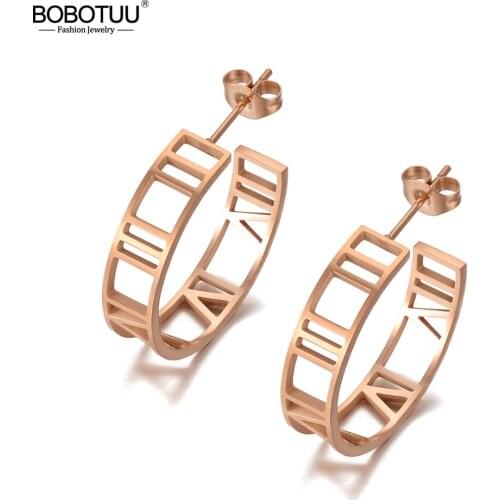 BOBOTUU Vintage 316L Stainless Steel Semicircle Roman Numeral Wedding Earrings For Women Geometric CZ Crystl Earrings BE20094