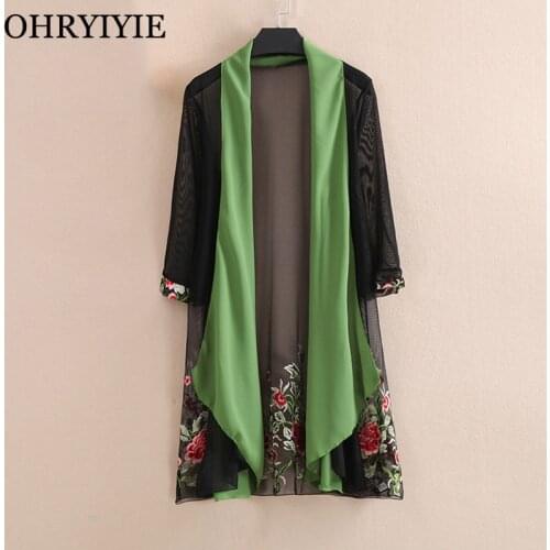 OHRYIYIE Plus Size 5XL Green Cardigan Sweater Women Poncho 2021 Spring Summer Thin Long Floral Embroidery Sweaters Female XL-5XL