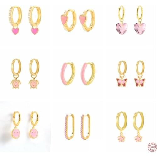 CANNER Pendientes plata 925 Huggie Hoop Ear ring 925 Silver Earrings For Women Girl Minimalist Bling Pink CZ Ear Bone Piercing