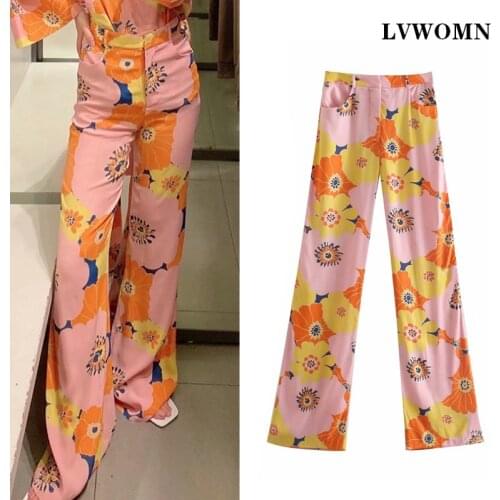 LVWOMN Za Women Pants High Waist Print Loose Women Clothing Summer Trousers Chic Pocket Bohemia Wide Leg Pant Holiday Streetwear