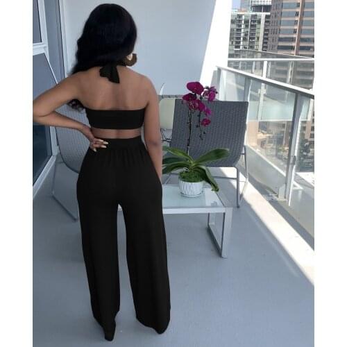 2021 Summer New Womens Clothing Solid Color Halter Neck Wrap Chest Open Back Wide Leg Pants Suit