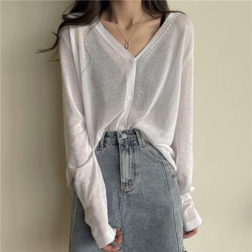 Womens Knitting Cardigan Pure Color V-neck Transparent Long Sleeve Knitted Fabric Loose Top Wholesale 2021 New Female Clothing