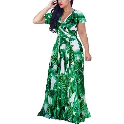 40# Bohemian Women Dress V-neck Short Sleeve Casual Belt Split Long Dress 2021 Vestido Plus Size Party Dresses Women Robe Femme