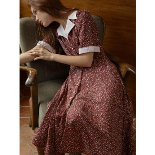 Design Summer Original Women Vintage Elegant Slim Shirt Retro Floral Print Midi Dresses Casual Loose Long Dress