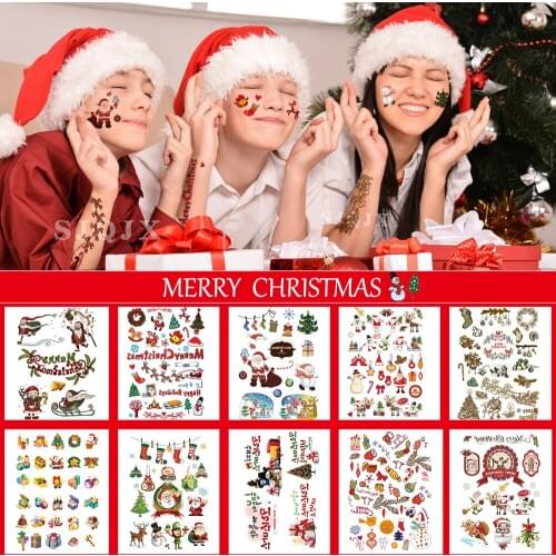 10PCS cute Temporary Transfetattoos Sticker Snowman Christmas Cartoon ChildrenElk Child Women Fake Kids Hands Arm Face Body Art