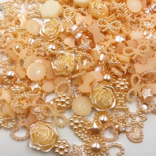 50/100pcs Peach ABS Resin Half Round flower Bow Alien Pearls For Art Flatback Non Hotfix Rhinestones Pearl Shoes Beads DIY