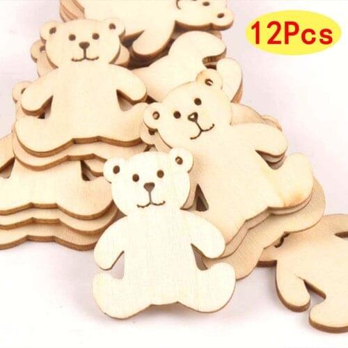 12 pieces of small bear pattern woodwork DIY crafts scrapbook home decoration natural wooden ornaments and accessories