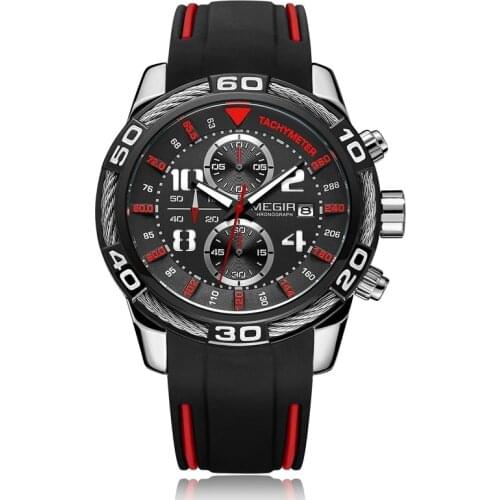 Megir Analogue Chronograph Battery Quartz Watch for Man Mens Black Silicone Bracelete Sport Wristwatch Boys Stopwatch 2045G