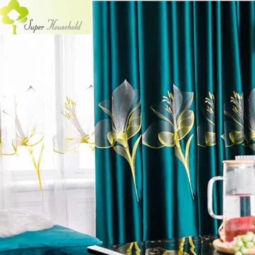 Satin Lily Embroidery Green/ Blue Shade Curtains for Bedroom Luxury Window Treatment Sheer Luxury Tulle Living Room Drapes
