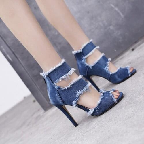 Summer Shoes High Heels Sandals Women Sexy Stiletto Heel Peep Toe Denim Female Shoes Ankle Gladiator Boots zapatillas mujer