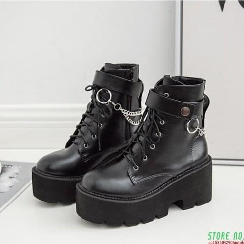 Boussac Metal Chains Chunky Platform Womens Boots Round Toe Boots Women Winter Black Punk Goth Boots SWE0872