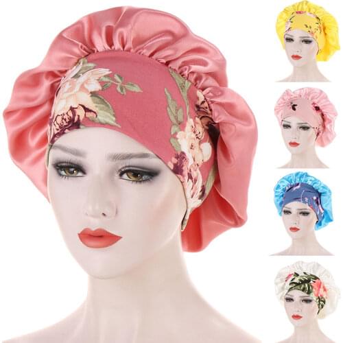 Women Satin Night Beauty Salon Sleep Cap Bonnet Hat Silk Headwrap Floral Print Wide Elastic Band Curly Springy Hair Chemo Cap