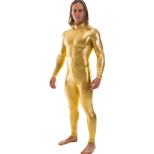 Shiny Metallic Zentai Bodysuit Men Long Sleeve Front Zip Unitard Costumes Ballroom Performer Clothes Nightclub Onstage Dancewear