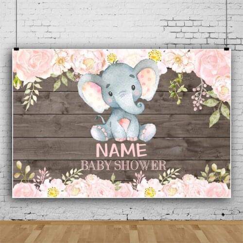 Laeacco Baby Shower Elephant Backdrops Old Wooden Boards Pink Flowers Kids Name Personalized Poster Photography Photo Background