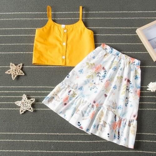 Summer Girls Holiday Wear Children Summer Clothing Pink Yellow Short Sling Tops Floral Skirt 2pcs Clothes Set Outfit Sunset