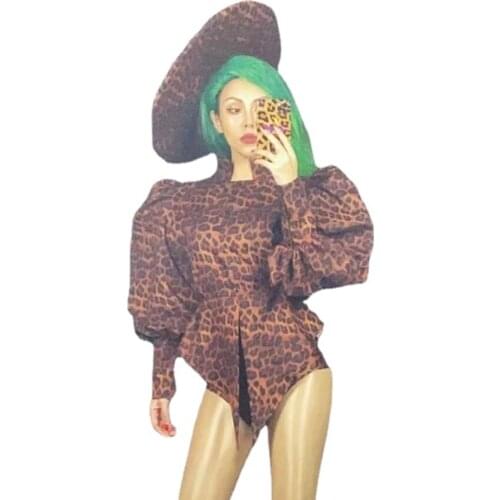 Fashion Brown Leopard Print Top Short Stocking Hat 4 Pieces Set Stage Costume Performance Wear Birthday Party Outfit Headdress